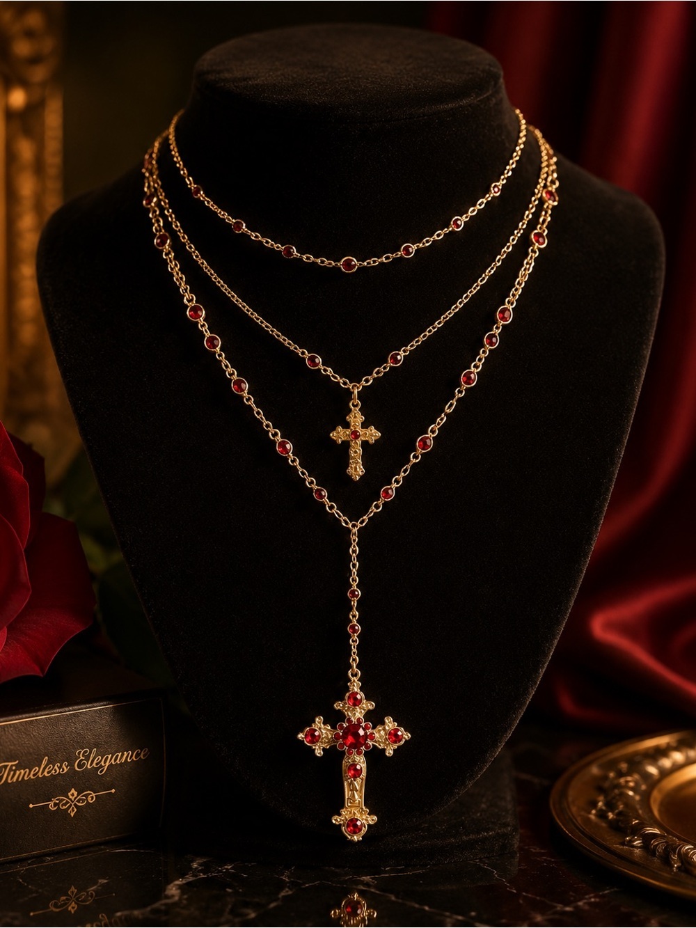 Gold Layered Cross Necklace Set with Red Crystals